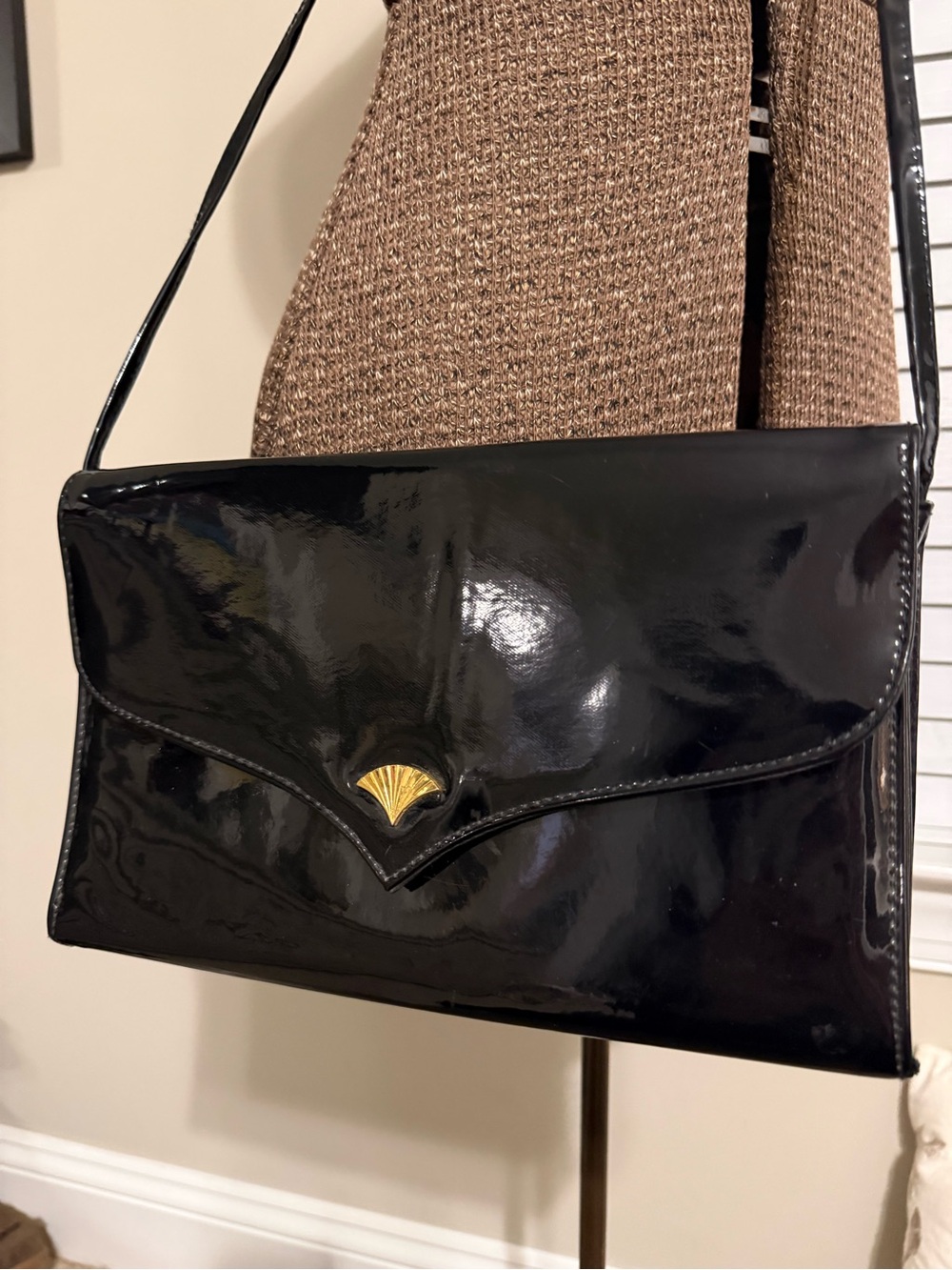 Classic Black Patent Envelope Shoulder Bag with Gold Accent